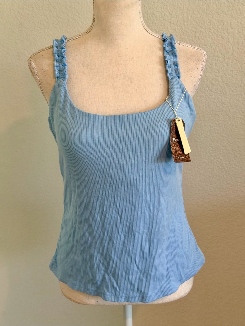OGL Sky Blue Ribbed Tank with Braided Straps Builtin Bra